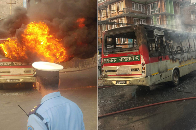 सातदोबाटोमा गुडिरहेको बसमा आगलागी