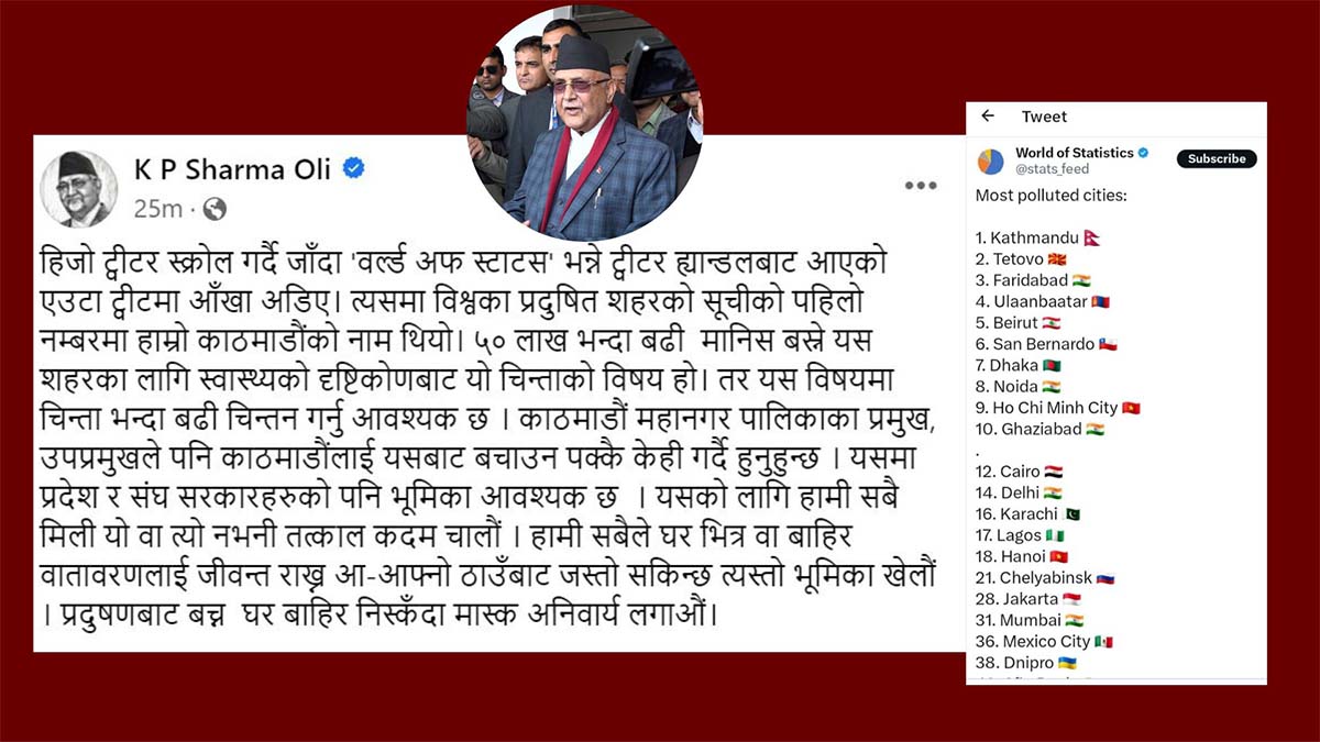 काठमाडौं विश्वको सबैभन्दा प्रदूषित शहरको सूचीमा परेकोप्रति एमाले अध्यक्षद्वारा चिन्ता व्यक्त  